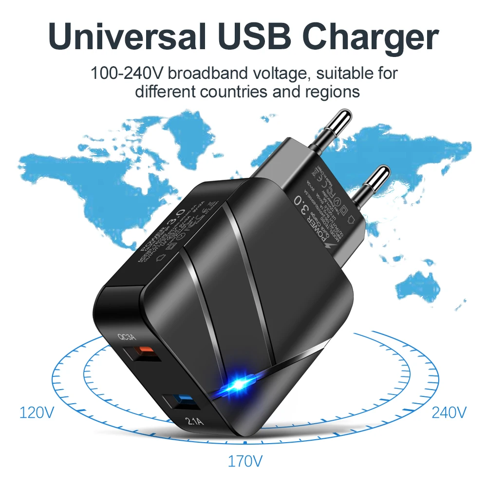 28W Lighted QC3.0+2.1A USB Universal QC3.0 Fast Charging Dual USB Port EU Plug Phone Charger Adapter for Samsung Xiaomi iPhone