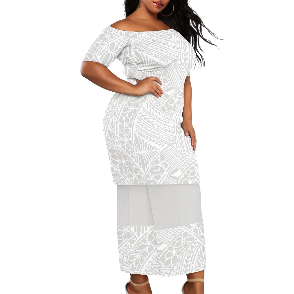 Summer Islander Women Puletasi Samoa Dresses Lady Short Sleeve Off shoulder Two Piece Set Polynesian Tribal Clothing White Print