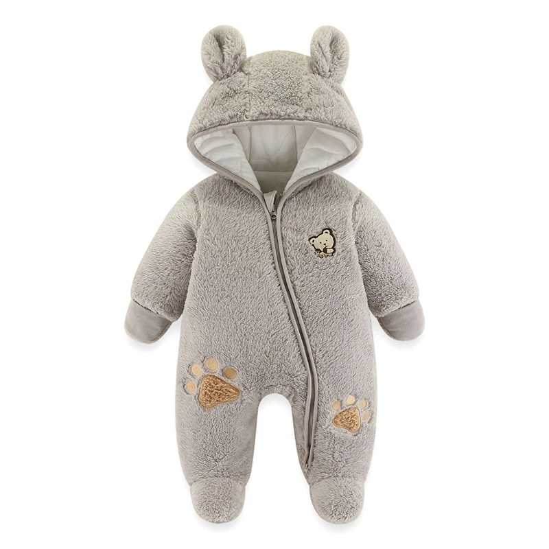 Cute Plush Bear Baby Romper Autumn Winter Keep Warm Hooded Infant Girl Overall Jumpsuit 3 6 9 12 Months Newborn Baby Boy Clothes baby jumpsuit