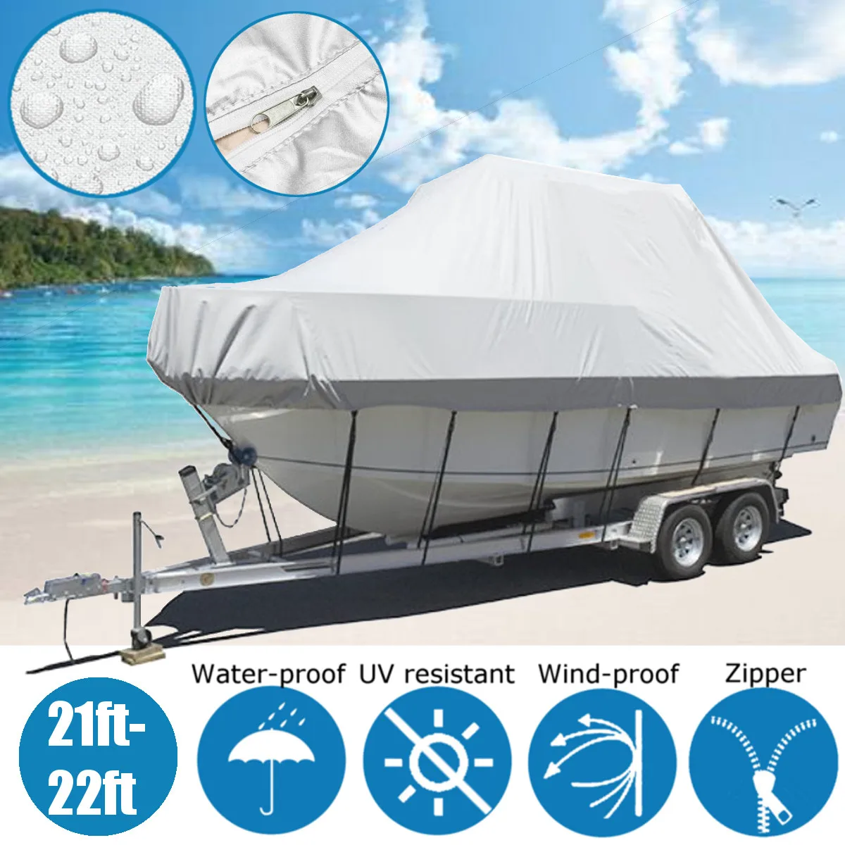 BOATPRO Waterproof Center Console Boat Cover 20-22ft, Heavy Duty 900D Marine Grade Polyester Canvas 20' 21 Ft 22 Foot Boat Center Console Covers, Gray - View #2