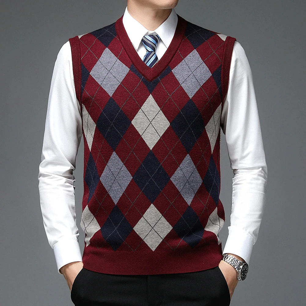 Men\\\'s Casual Plaid Tank Top  Sleeveless Knit Pullover  V Neck Sweater Vest  Khaki/Red/Grey/Navy/Dark gray  M 3XL