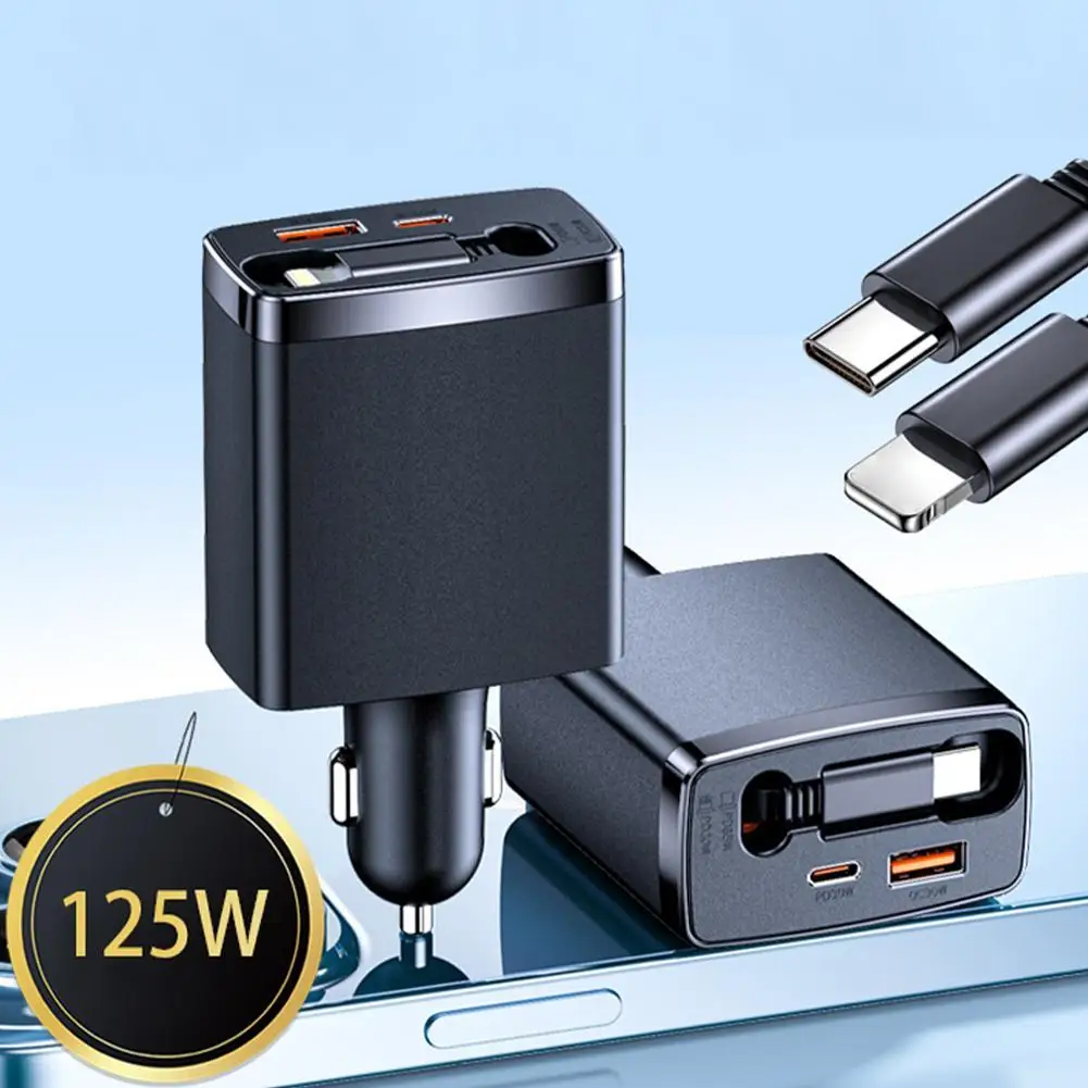 

Выдвижное автомобильное зарядное устройство 4 в 1, 125 Вт, кабель USB Type-C для IPhone, Samsung, шнур для быстрой зарядки, адаптер для прикуривателя, аксессуары