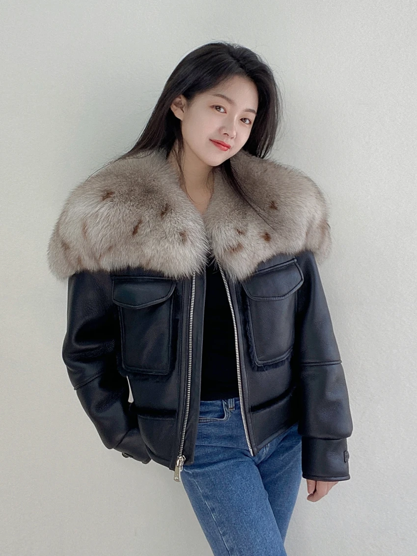 HDHOHR 2024New Fox Fur Collar Women Genuine Leather Shearling Jacket Winter Thick Warm Real Fur Wool Lining Sheepskin Short Coat