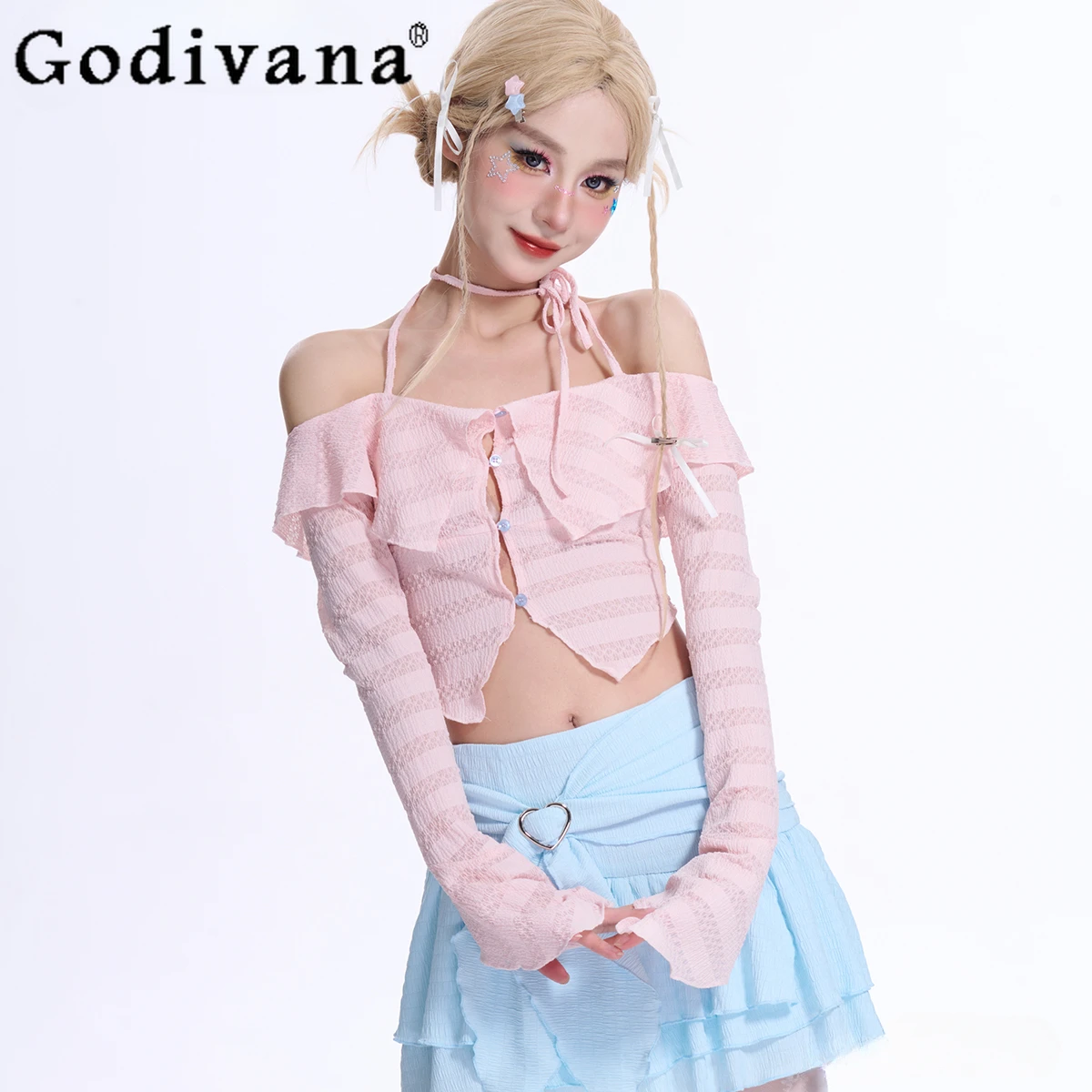 Original Girly Sweet Y2k off-Shoulder Halter Pink Long Sleeve Shirt 2024 Summer New Fashion Slim-Fit Short Tops Women Clothes