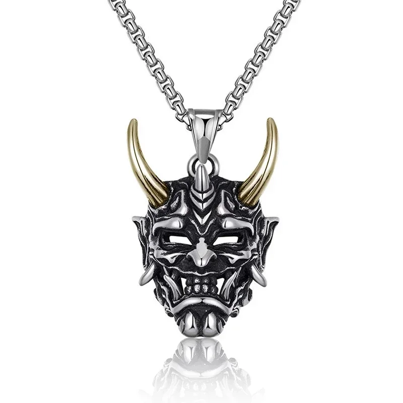 Gothic Anger Hannya Ghost Skull Mask Pendant Accessories Retro Jewelry Gift Necklace Samurai Devil Masks Neck Chain for Friend