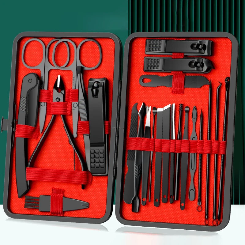 Manicure Pedicure Kit 7/10/12/20/24Pcs Stainless Steel Nail Scissors Grooming Kit Black Leather Travel Case