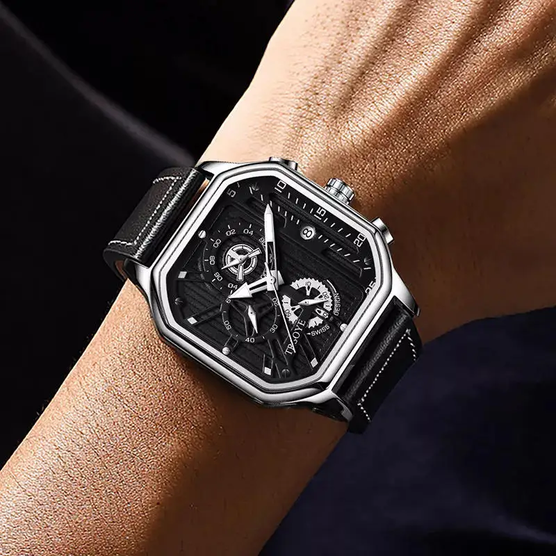 Clock Luxury Fashion Waterproof Luminous Watch Square Watch Trend New Calendar Skeleton Men's Watch Quartz Wrist Watches Relogio