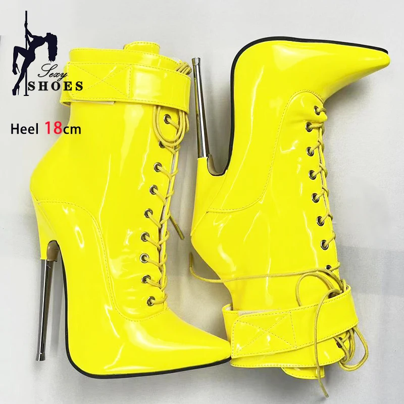 18cm Stiletto Heel Extreme High Heels Pointed Toe Black Patent Leather Sexy Fetish Women Ankle Boots Belt Buckle Strap Club Shoe