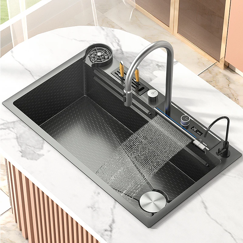 

Stainless Steel Sink for Kitchen Sink Smart Black Nano Waterfall Sink Multifunction Washbasin Large Dishwasher Kitchen Accessory