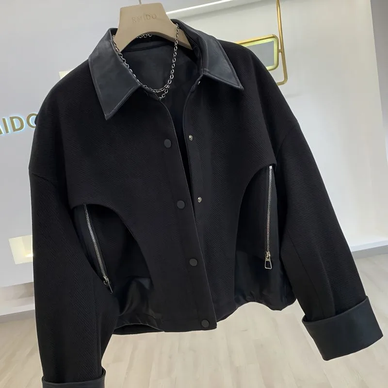 

Unisex Pu Leather Patchwork Short Woolen Jacket Men Women Spring Autumn 2023 Designer Niche Spliced Zipper Lapel Black Coat Top