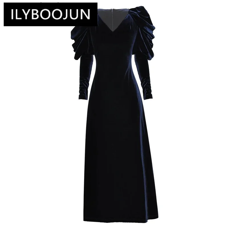 

ILYBOOJUN Fashion Designer Autumn Winter Velvet Dress Women V-Neck Puff Sleeve Big Pendulum Vintage Party Long Dresses