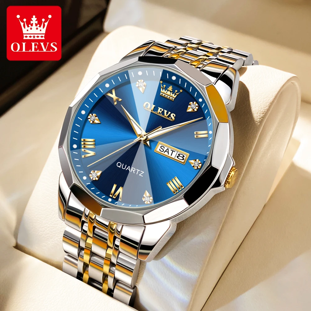 OLEVS Men's Rhombus Mirror Quartz Watch - Waterproof, Luminous Stainless Steel Wristwatch with Date and Week Display