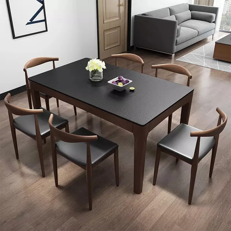 Juego de mesa de comedor con 6 mueble moderno, piedra, cerámica, Rectangular, superior, madera maciza, brillante, para restaurante| | - AliExpress