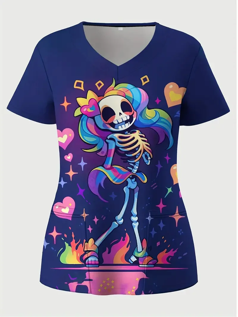 Halloween Chirurgische Uniformen Frau Cartoon Print Fashions Krankenschwester Casual V-ausschnitt Kurzarm Patch Wettbewerb Klinische Uniform Frau – Detail 9