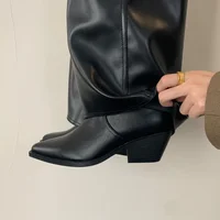 Spring Autumn Pointed Toe Knee-High Boots Women Designer Vintage Square Low Heels Shoes Modern Long Botas Para Mujer 5