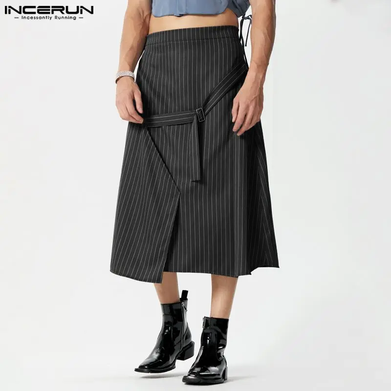 

INCERUN Men Irregular Skirts Striped Zipper Button Casual Men Bottoms Streetwear 2024 Personality Fashion Leisure Skirts S-5XL