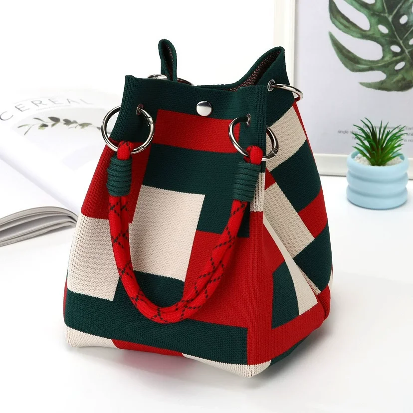 Multi-Color Knitted Retro Bucket Handbag Color-Block Simple Design Versatile Easy-Carry Retro Handbag 4