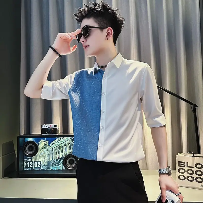 High End Fashion Panelled Half Sleeve Shirt Men's Lapel Button Pocket Summer Fashion Trend Patchwork Versatile Short Sleeved Top
