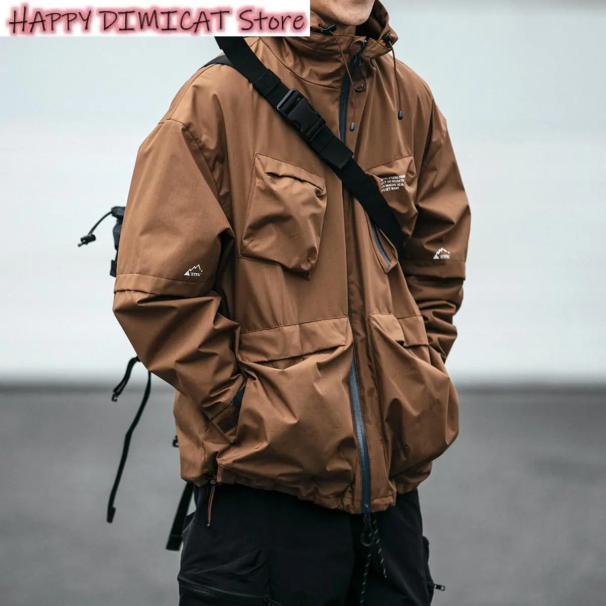 

Outdoor Streetwear Jackets Loose Functional Work Coat Harajuku American High Quality Waterproof Hooded Windbreaker Men Clothing