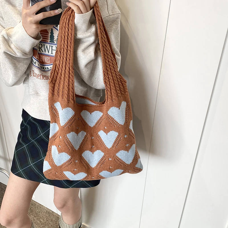 Heart Knit Women's Bag Y2K Crochet Rope Shoulder Bag Knitted Eco Bag Korean Shopping Female Knitting Handbag Hook Tote Side Bag