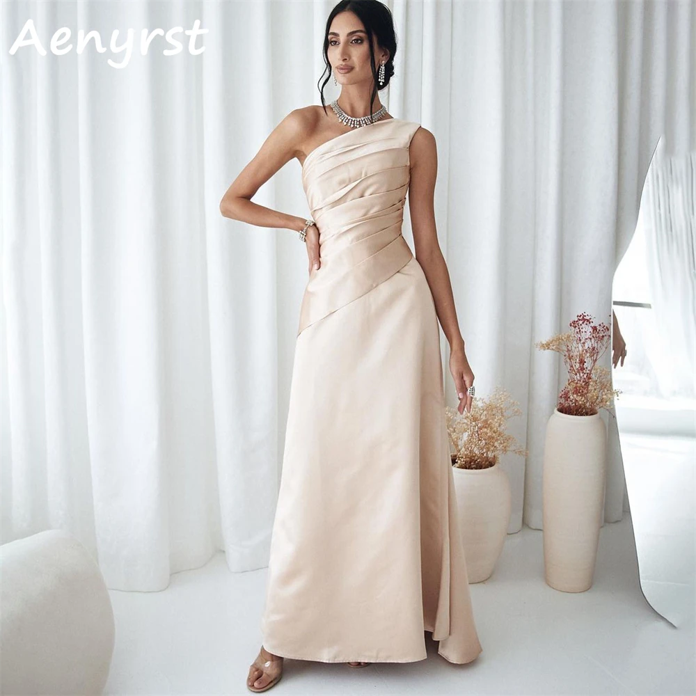 

Aenyrst Simple One Shoulder Satin Prom Dresses Straight Pleated Evening Gowns Floor Length Dinner Party Dress Long فساتين السهرة
