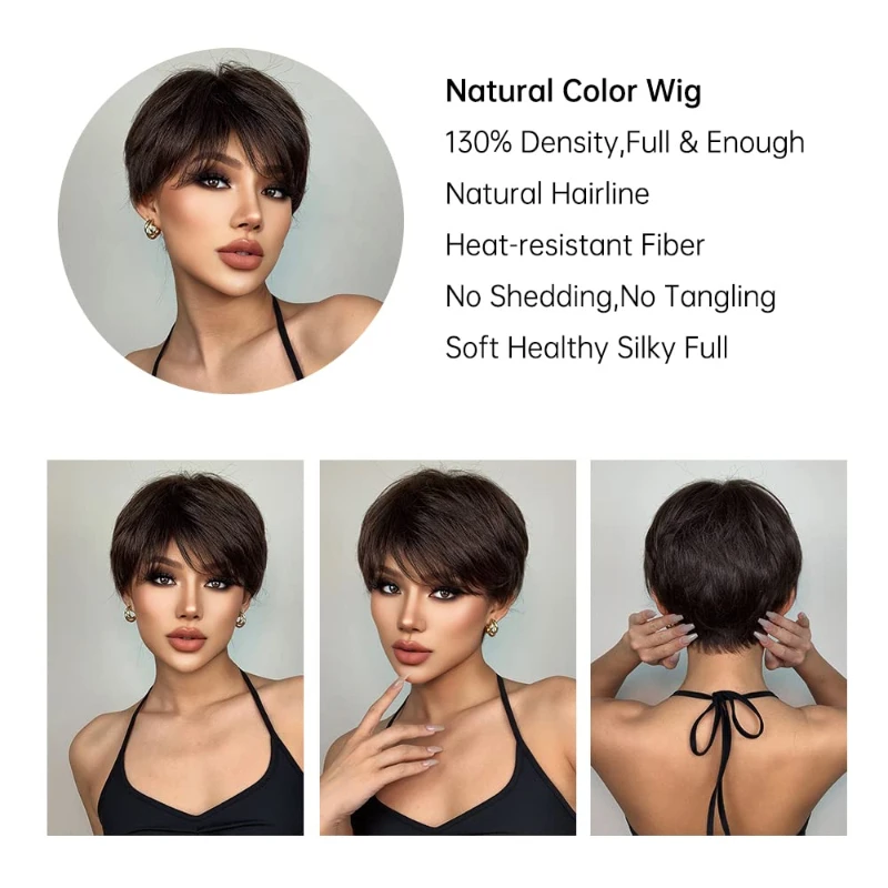 Fashion Short Straight with Bang Dark Brown Pixie Cut Wig for Women Hair Synthetic Heat Resistance Natural Looking for Daily Use - Image 5