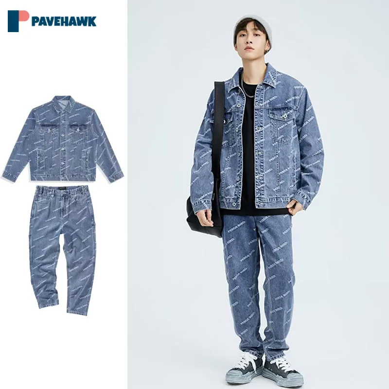 

Retro Spring Denim Set Man Woman Casual Letter Print Cowboy Jackets+ Straight Cargo Jeans 2 Piece Sets Harajuku Couple Suits New