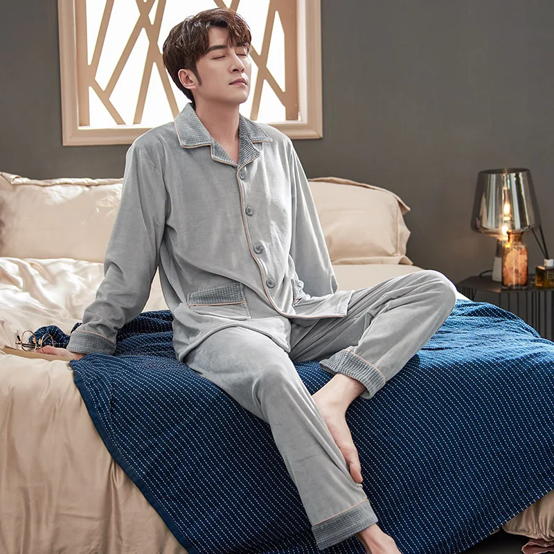 남성용 잠옷 따뜻한 플란넬 가을 겨울 남성용 파자마 옴므 피자마 잠옷 긴팔 두꺼운 아일랜드 플리스 라운지 수면 세트 3XL