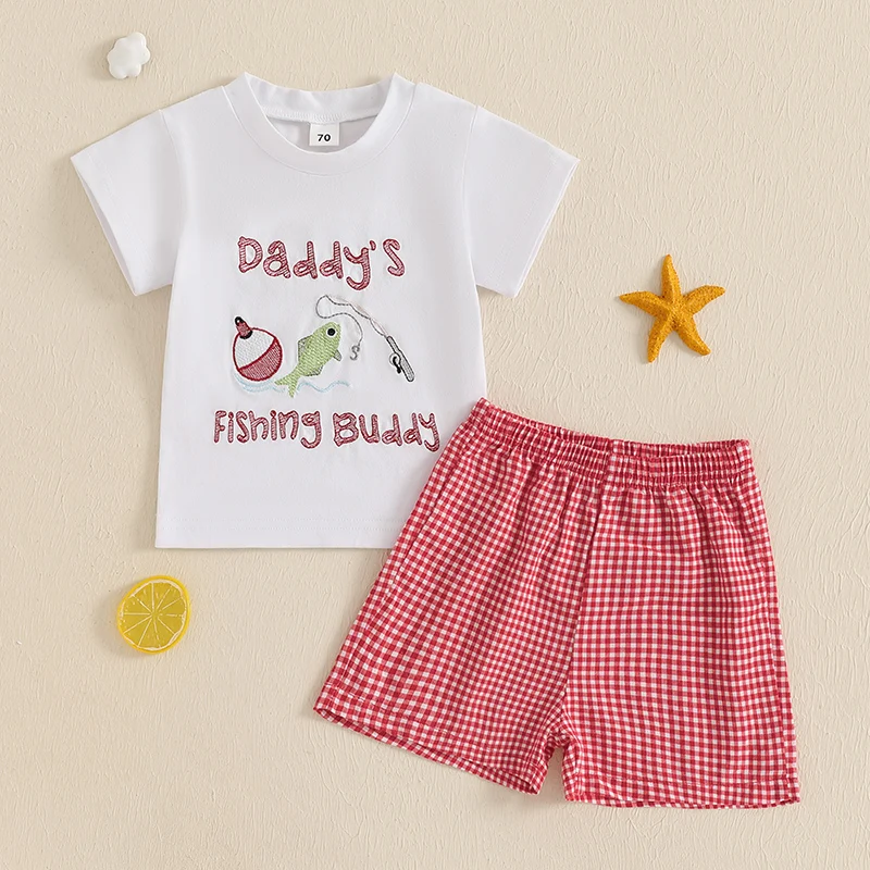 FOCUSNORM 0-4Y Summer Kids Boys Casual Clothes Sets Letter Embroidery Crew Neck Short Sleeve T-Shirt with Plaid Shorts