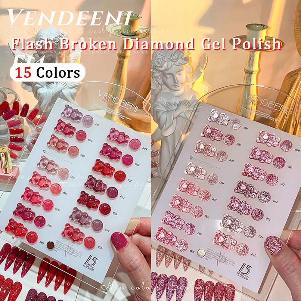 

Vendeeni 15 Colors Pink Glitter Broken Diamond Gel Nail Polish Set Sparkling UV Soak Off Gel Varnish Flash Nail Art Gel Lacquer