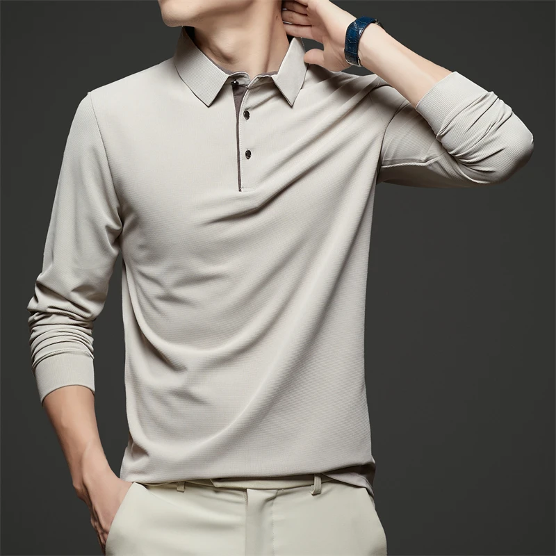 Neues Herren-Poloshirt, Business-Casual, langärmelig, einfarbig, modisch, warm, bequem, vielseitiges Oberteil für vier Jahreszeiten – Detail 13