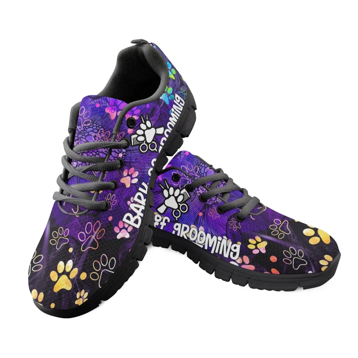 INSTANTARTS Dog Groomer Hairdresser Purple Design Women's Flat Shoes Comfortable Light Lace-up Sneakers Dog Paw Print Walkings