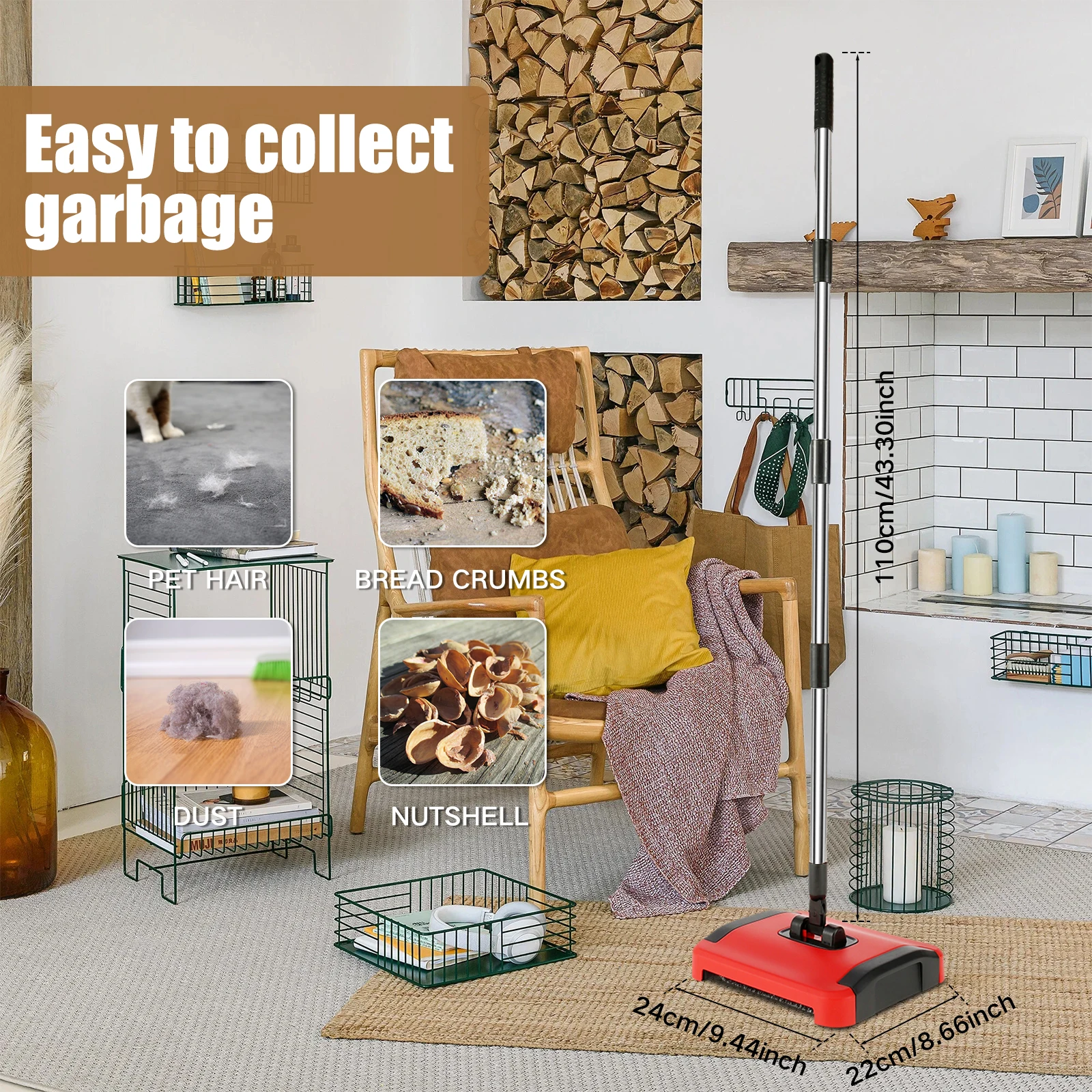 Hand Sweeping Machine Carpet Floor Sweeper Cleaner Hand Push  for Cleaning Pet Hair Loose Debris Lint Cleaning Non-Electric - 6