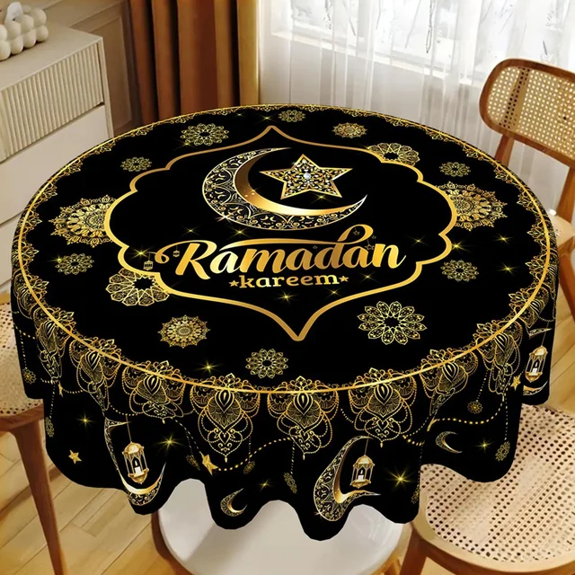 Ramadan Kareem Eid mubarak Polyester Round Tablecloth Ramadan Decor For Home 2026 Islamic Muslim Party Supplies EID Al Adha 2