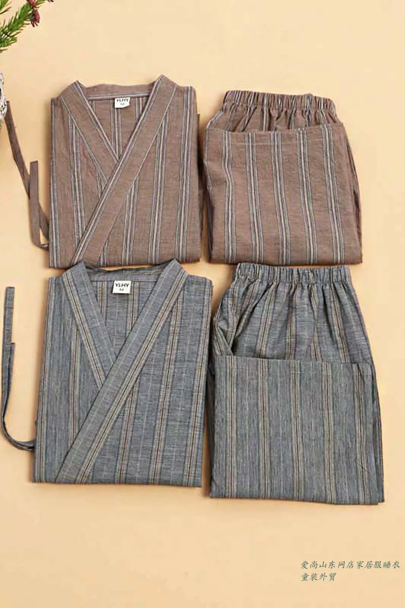 Men Japanese Kimono Costume Striped Vintage Yukata Stage Dancewear Summer Pajamas Sets