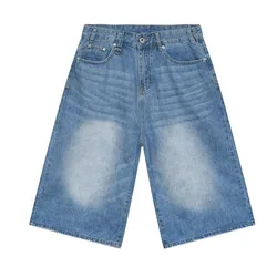 Vintage Korean Style Wide Leg Denim Shorts for Men - Washed Fashion Summer Jeans (Light blue)