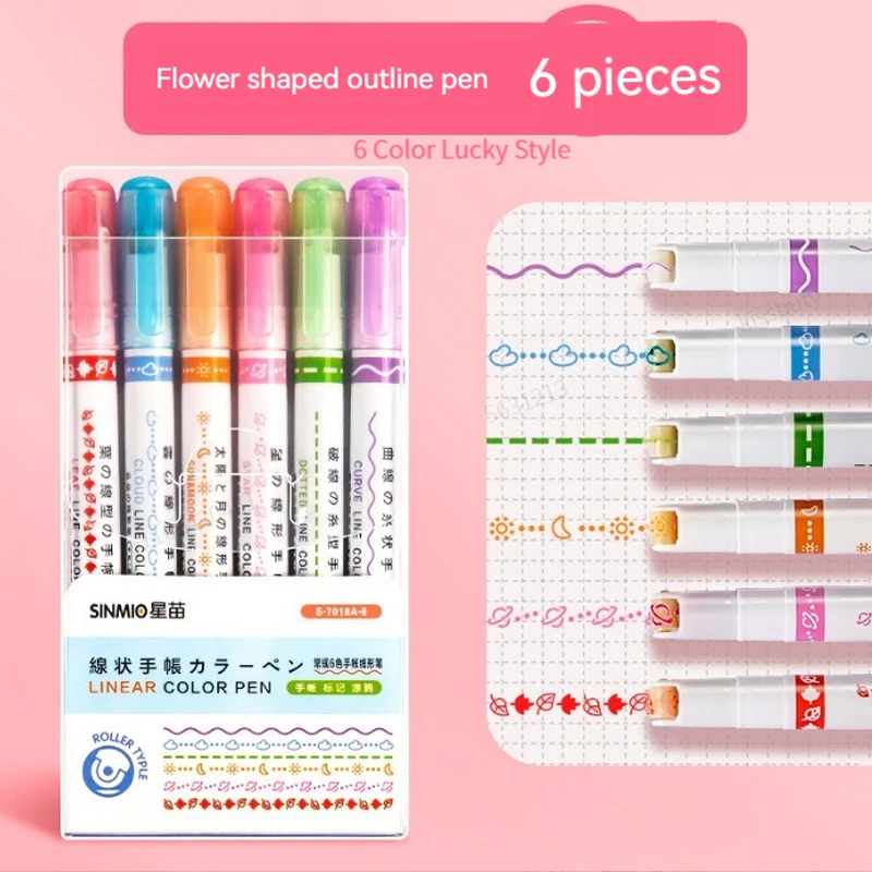 

Kawaii Korean 6pcs Line Shaped Highlighter Roller Tip Curve Liner Marker Pens Graffiti Pen Stationery School Office Supplies