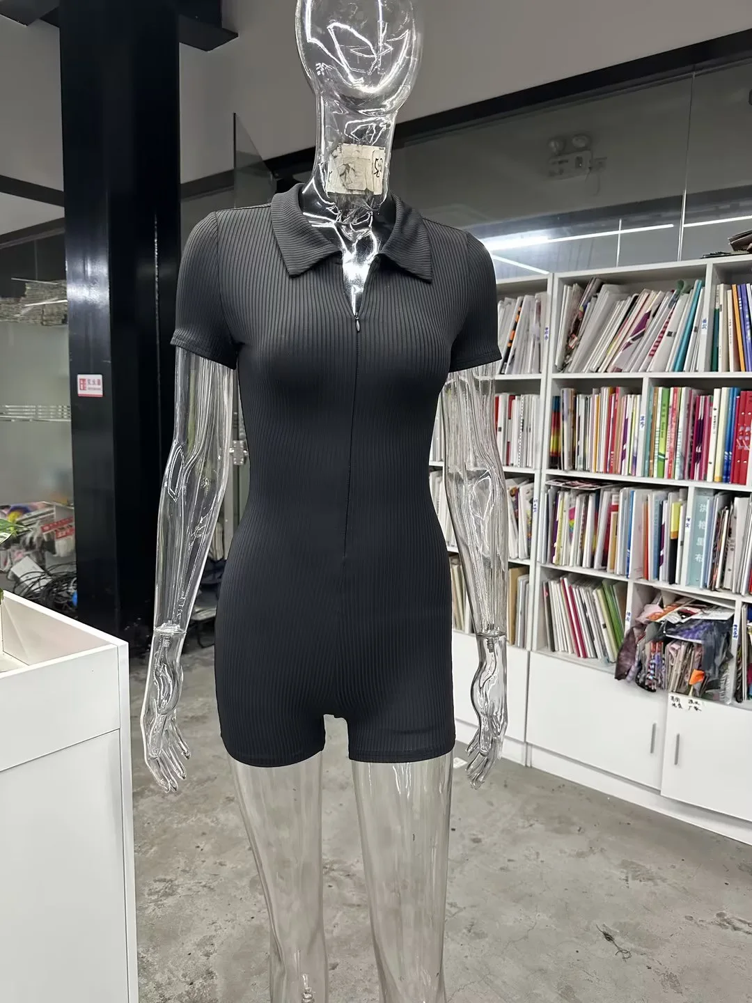 Polo Neck Jumpsuit Knitted Zipper Short Sleeved Casual Sports Tight Jumpsuit Shorts Rompers Womens Jumpsuit