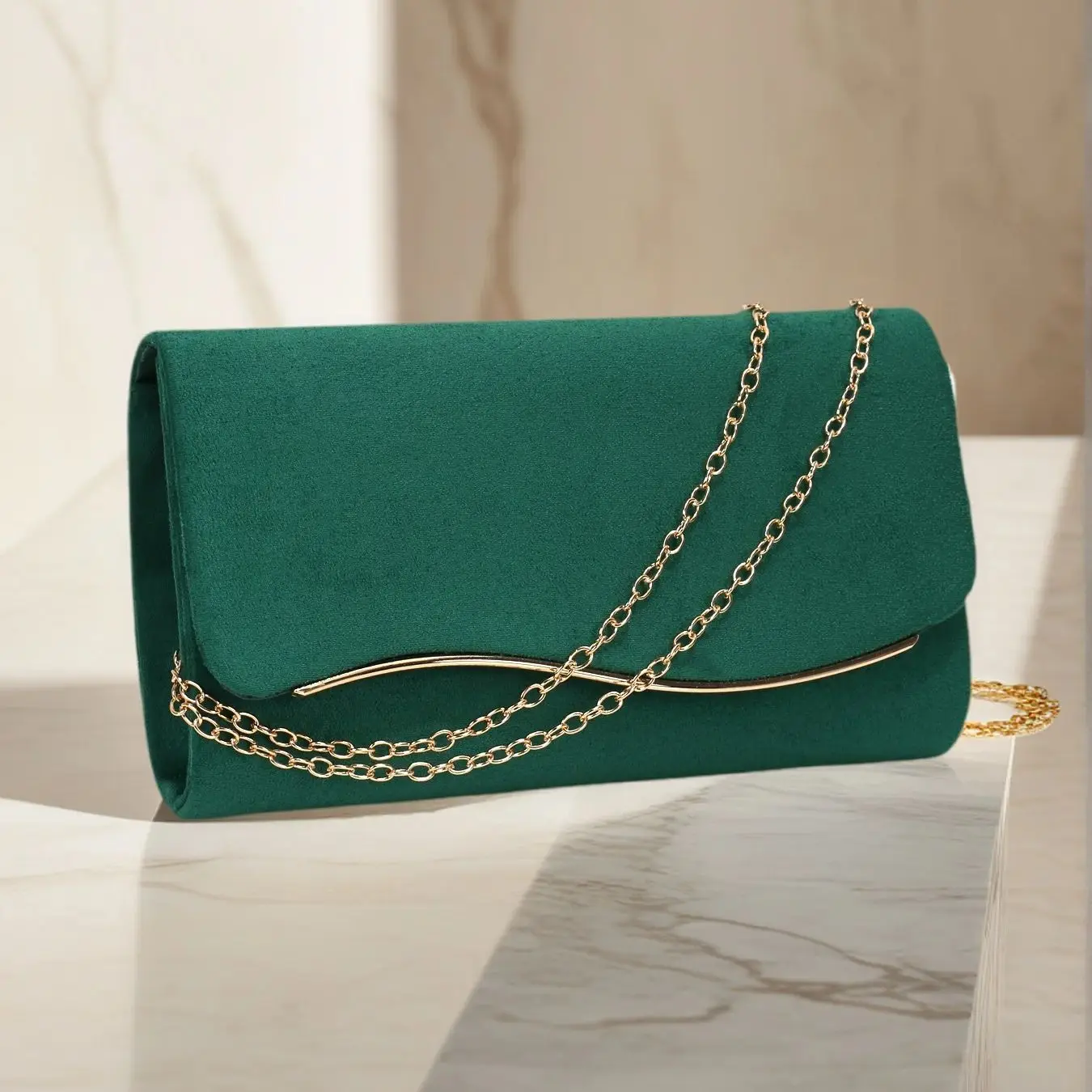 Apricot Velvet Clutch Bag With Shoulder Chain For Women