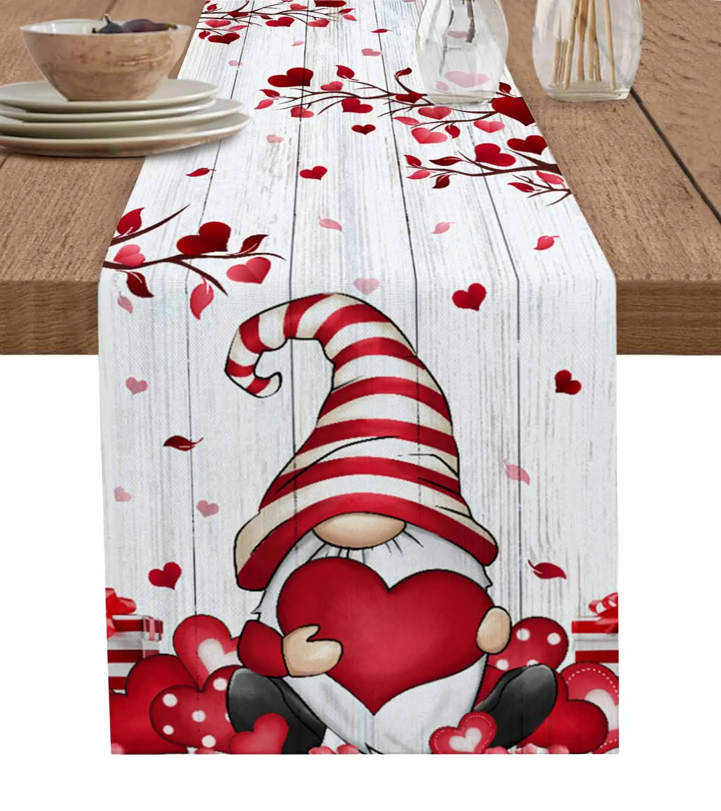 

Valentine Hearts Gnome Linen Table Runner Kitchen Table Decoration Farmhouse Reusable Dining Table Cloth Wedding Party Decor