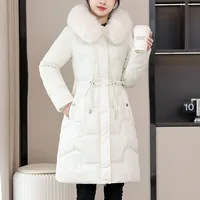 Winter Harajuku Female Clothing Hooded Long Parkas Slim Thicken Cotton-padded Clothes Fashion Fur Collar Zipper Thermal Coat 1