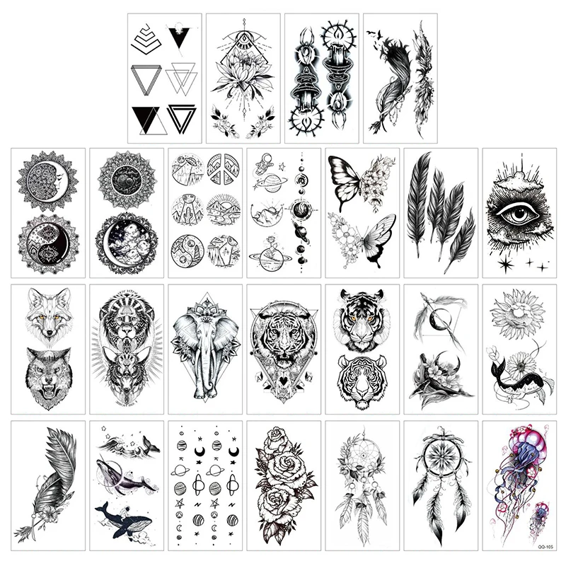 Pegatina de tatuaje falso con patrón de León, flor negra gótica, peonía de puntos, tatuajes temporales, bricolaje, tatuajes de transferencia de agua