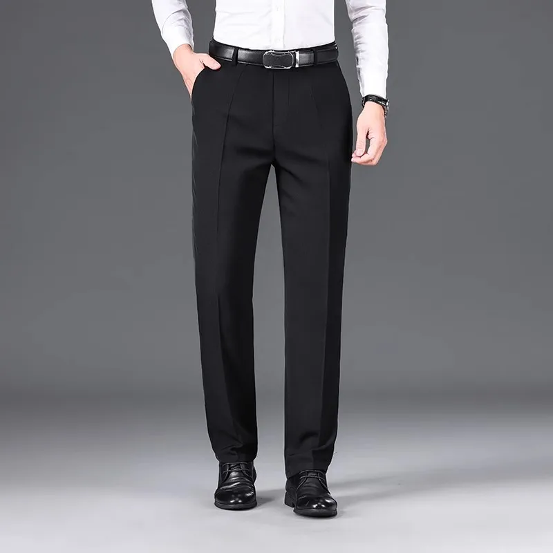 Men Business Casual Suit Pants Solid High Waist Straight Office Formal Trousers Classic Style Long Pants