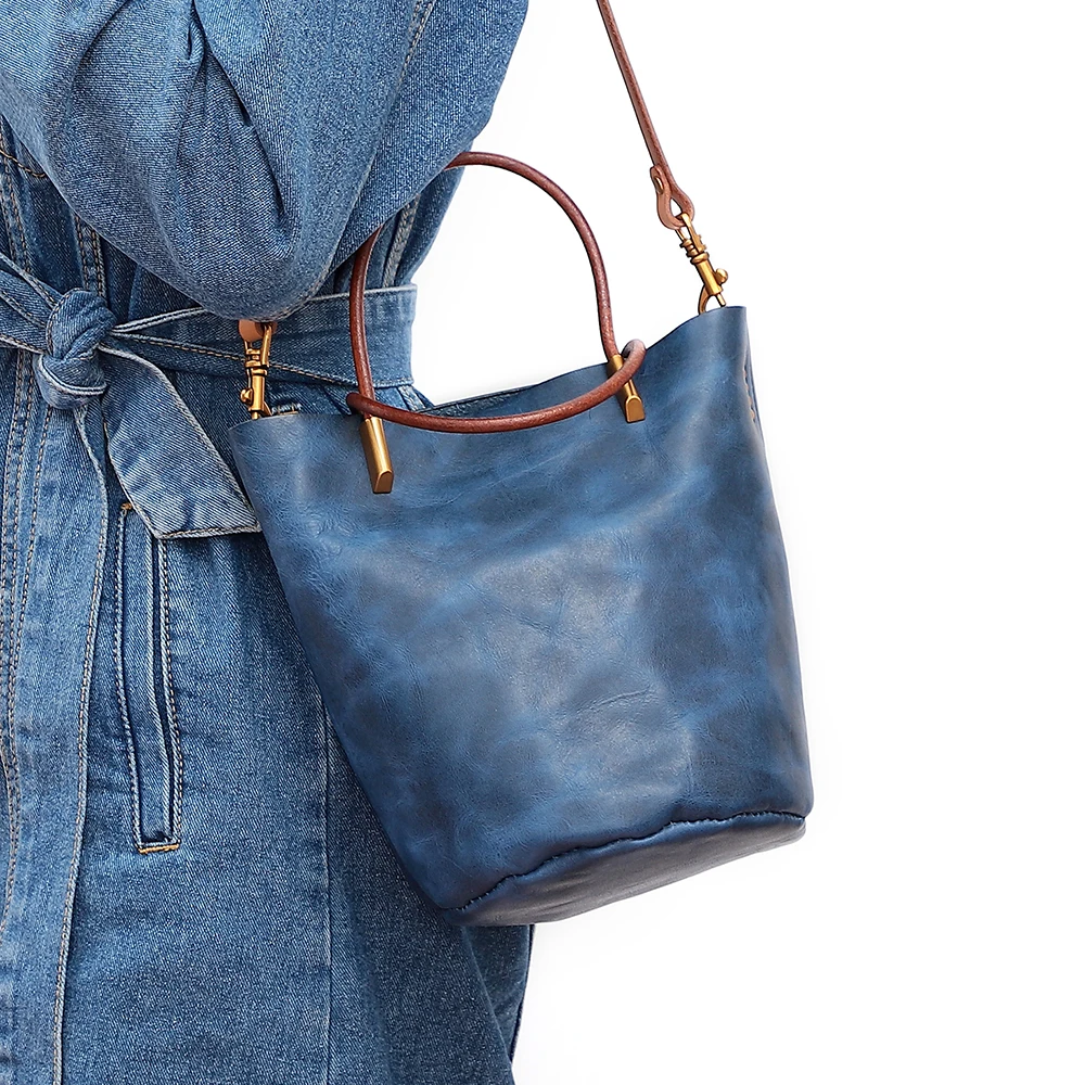 Vegetable tanned leather retro women's shoulder bag large capacity tote bag multi-functional handheld crossbody bag