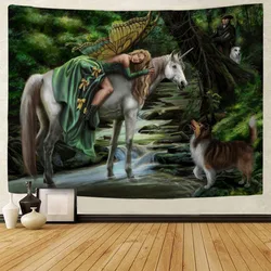 Fantasy scenery printed fabric large tapestry angel unicorn wall hanging bohemian bedroom living room wall art decoration