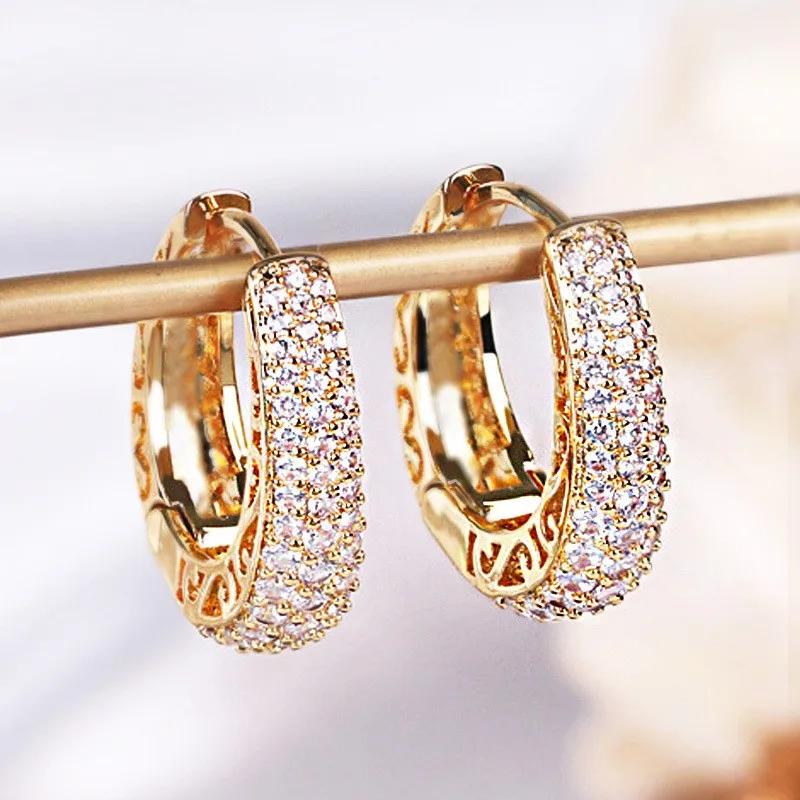 Gold Color Micro Inlaid Zircon Hoop Earrings for Women Elegant Trendy Ear Buckle Jewelry Accessories Gifts