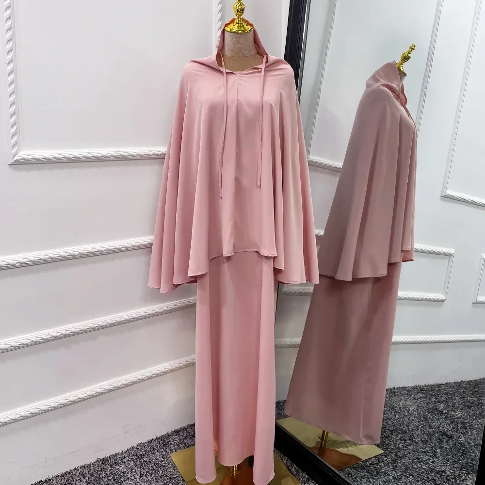 Ramadan Eid Hooded Abaya Jilbab 2 Piece Set Islamic Muslim Prayer Clothes Women Long Hijab Khimar Dress Set Dubai Outfit Burka