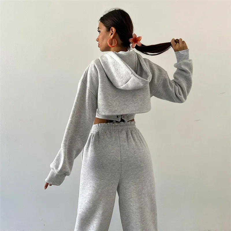 New Lace Up Pants Sets Women Slim Solid Splice Tank Tops Woman Long Sleeve Short Hoodies And Pant Suits Women Outfits Winter