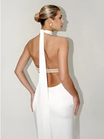 Elegant Solid Ribbon Women Halter Dress Off Shoulder Pearl Chain Backless Slim Female Maxi Dresses Wedding Gowns Chic Lady Robe - Image 3