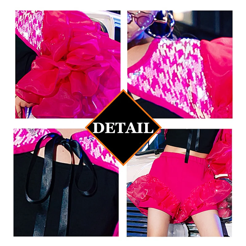 2023 Pink Puff Sleeve Cheerleading Clothing For Girls Concert Performance Stage Costume Jazz Dance Outfit Kpop Clothing DL11215